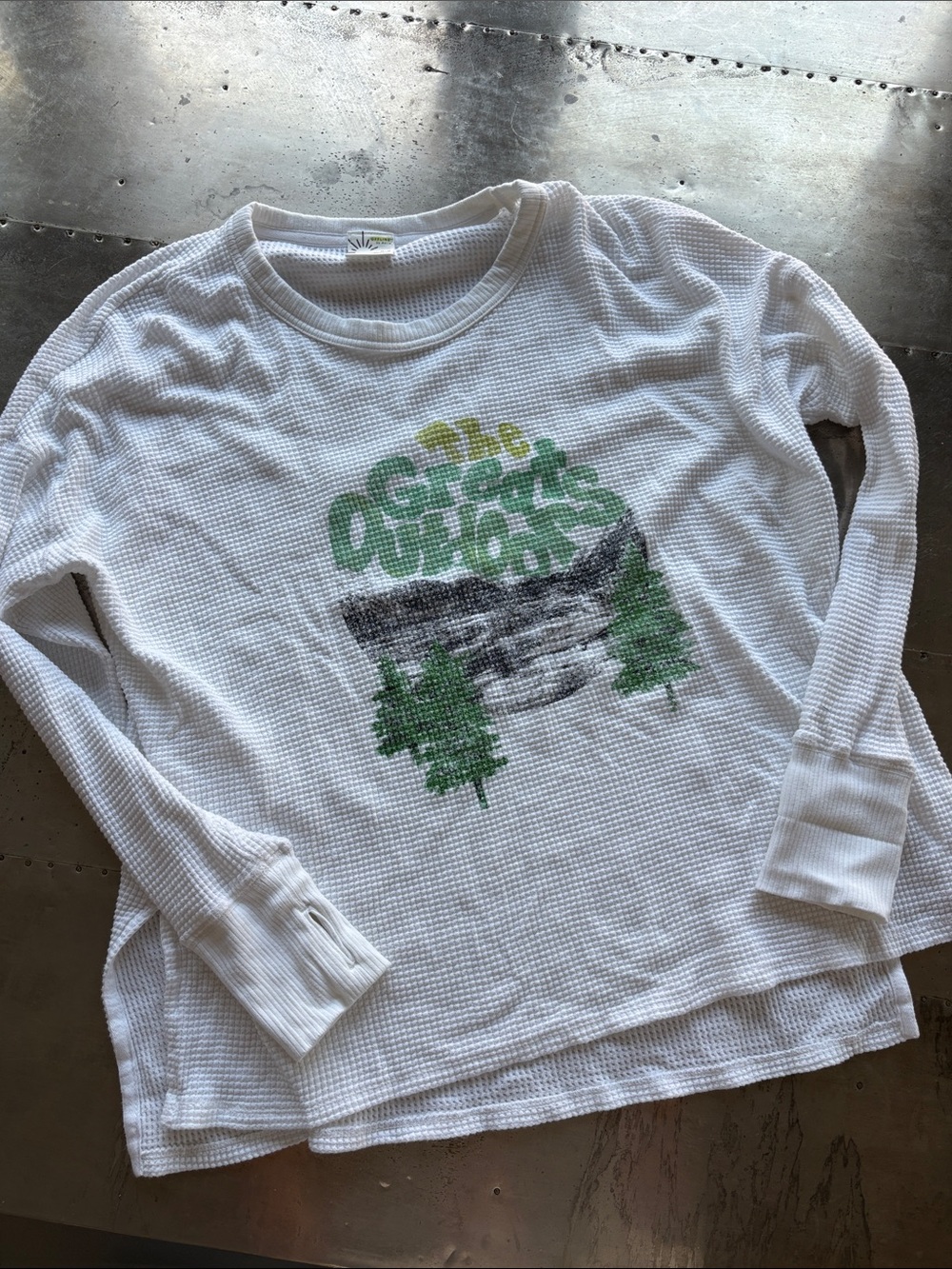 aerie White Waffle Long Sleeve Top with Green Nature Graphic